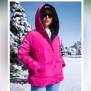 💗 REVERSIBLE PINK/ NAVY HOODED PUFFER ST JOHNS BAY JACKET SZ S POLYESTER & DOWN